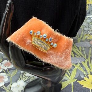 ⭐️Adorned Crown Jewelry assemblage orange velvet rhinestone crown bracelet